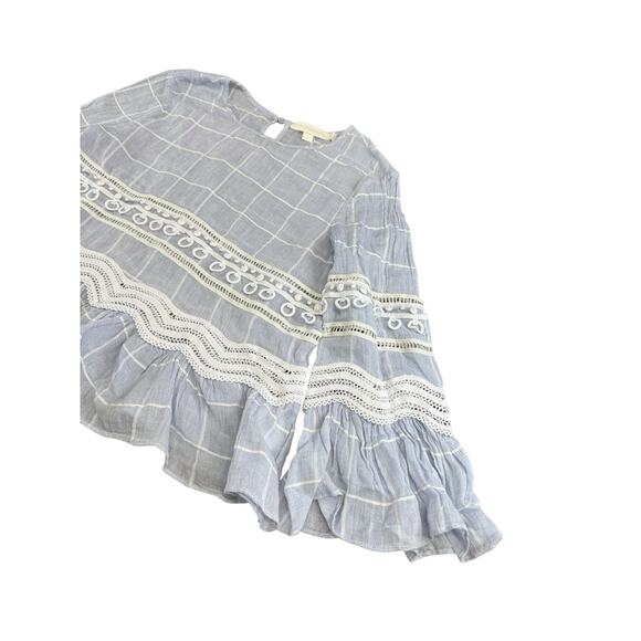 Jonathan Simkhai Blue Voile Grid Cotton Blouse XS Lace Ruffle Hem Top Keyhole - Picture 5 of 11
